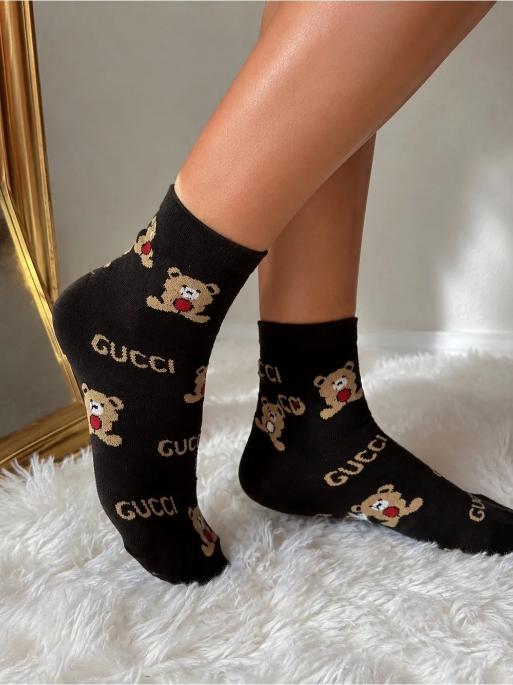 Brown Teddy Bear Logo Print Crew Socks